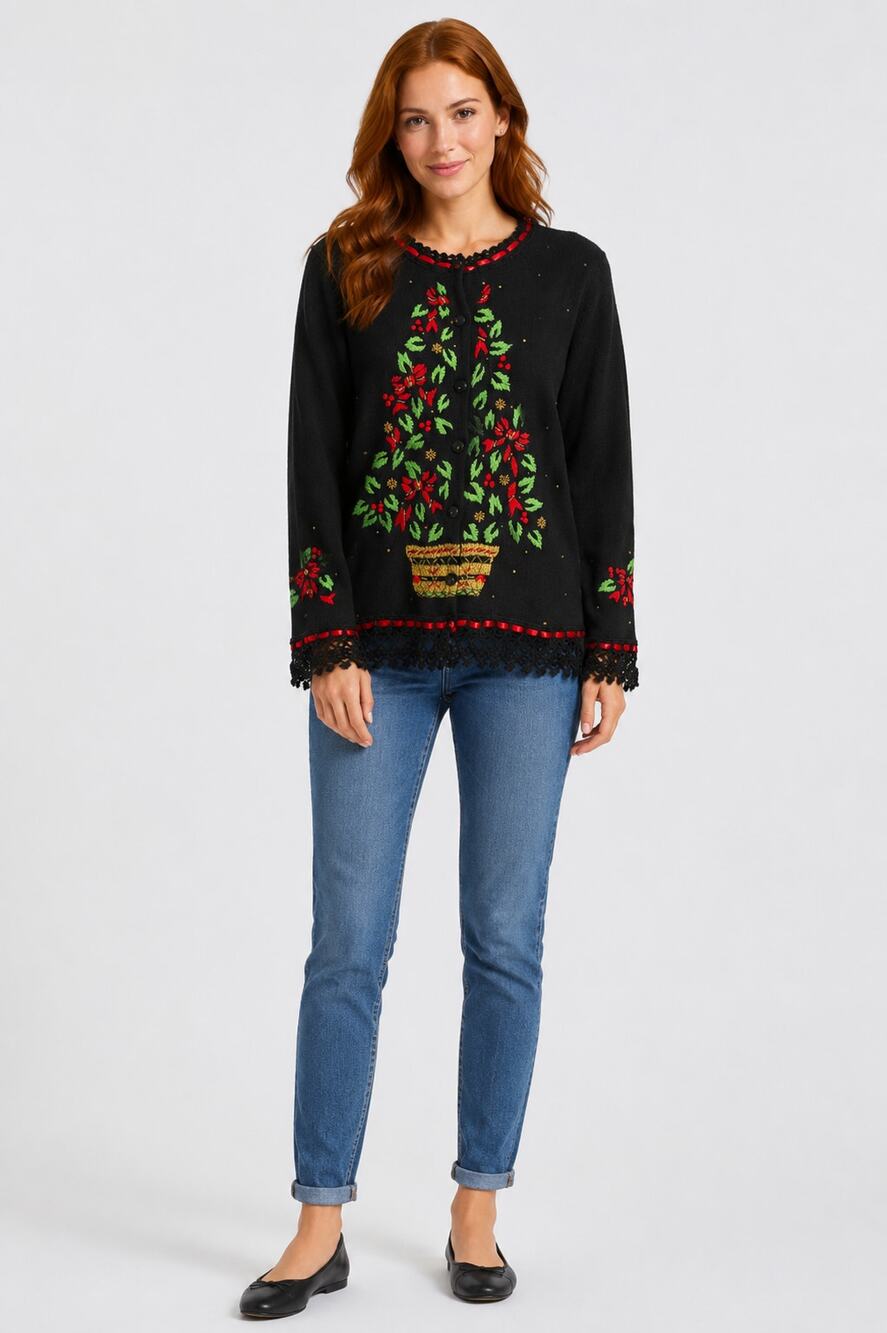 Casual Living Vintage Ugly Christmas Tree Cardigan Sweater Womens Small Black